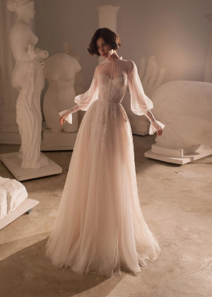 Long Sleeves Ivory Lace Dots Tulle Gorgeous Wedding Dress